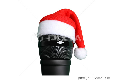 PNG, Christmas gifts with microphone, microphone with santa hat isolated on white background. PNG, Christmas gifts with microphone, microphone with santa hat isolated on white background. 120630346