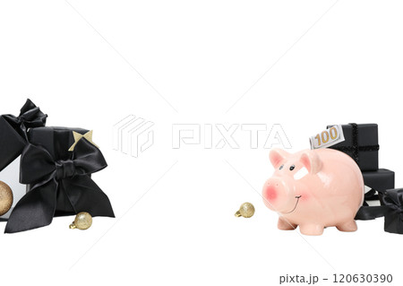 PNG, Christmas piggy bank, with festive decorations and gifts, isolated on white background. 120630390