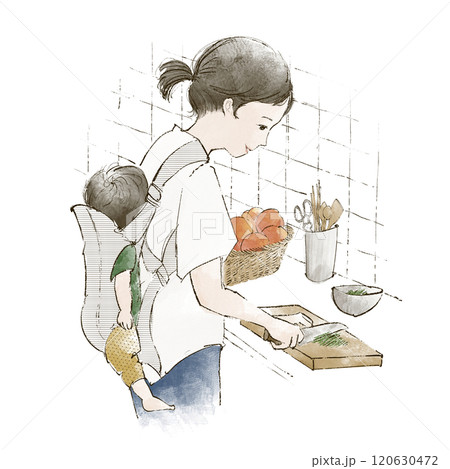 赤ちゃんをおんぶしながら料理している女性 120630472