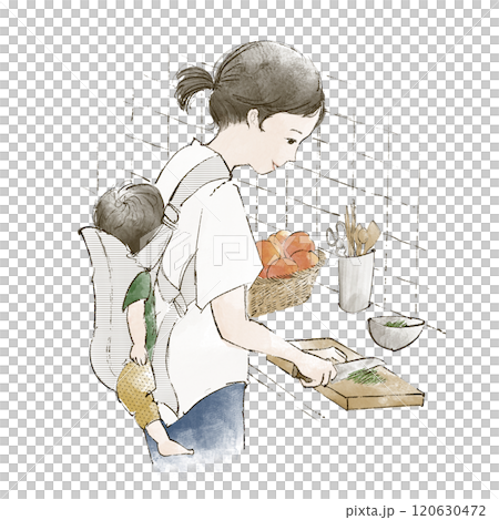 赤ちゃんをおんぶしながら料理している女性 120630472