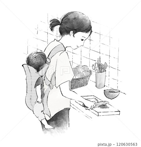 赤ちゃんをおんぶしながら料理している女性 120630563