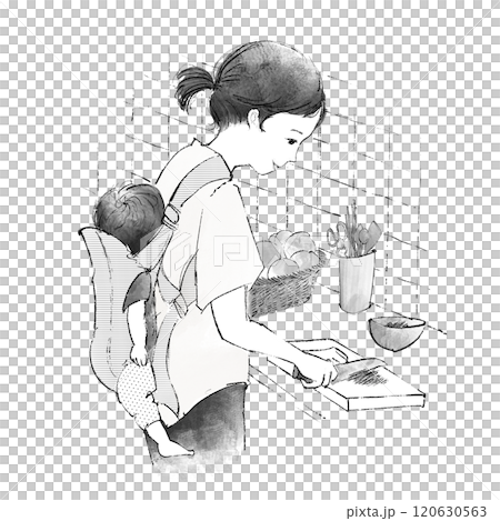 赤ちゃんをおんぶしながら料理している女性 120630563
