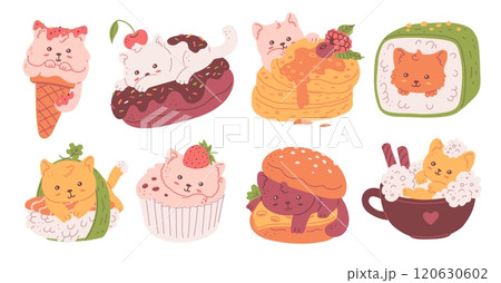Cute cat in food icons set, funny burger, rolls, donut, cupcake, ice cream cone with kitten, cartoon comic cafe menu Cute cat in food icons set, funny burger, rolls, donut, cupcake, ice cream cone with kitten, cartoon comic cafe menu 120630602
