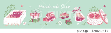 Handmade natural soap vector banner design, soap brick package box decorated with flowers, bow, bathing aroma cosmetics 120630615