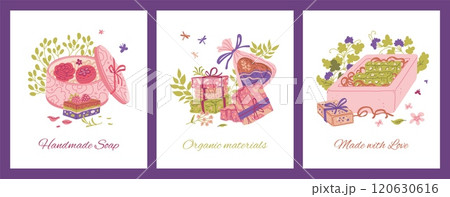 A collection of vector posters with handmade soap with natural ingredients and in beautiful packages 120630616