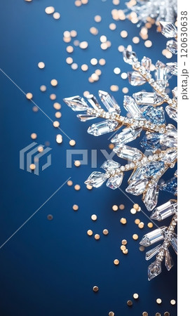 Vertical blue background with sparkling crystal snowflake and festive shimmering bokeh. Vertical blue background with sparkling crystal snowflake and festive shimmering bokeh. 120630638
