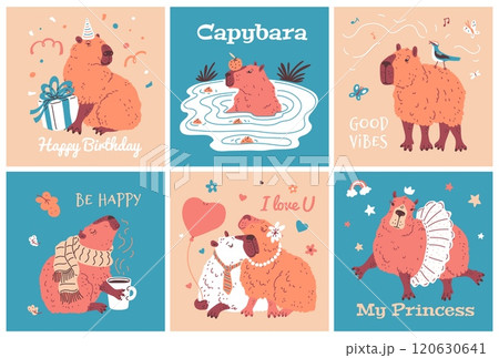 Cute capybaras on card vector design set with inscriptions I love you, Good vibes, Happy birthday, cartoon funny rodents 120630641