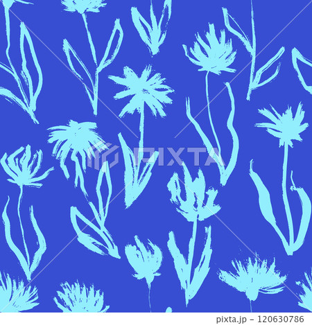 Blue Freehand Iris Flower Dry Brush Seamless Pattern 120630786