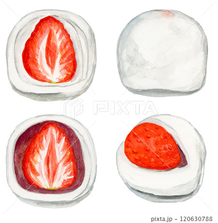 手描き水彩の美味しそうないちご大福のセットイラスト 120630788