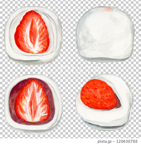 手描き水彩の美味しそうないちご大福のセットイラスト 120630788