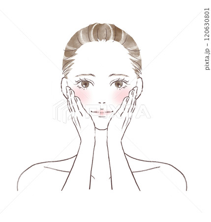 正面を見て微笑んでいる頬がピンクの水彩風女性イラスト 120630801