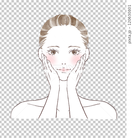 正面を見て微笑んでいる頬がピンクの水彩風女性イラスト 120630801
