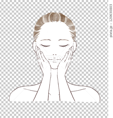 頬に両手を当てて目を瞑り微笑む水彩風女性のイラスト 120630803
