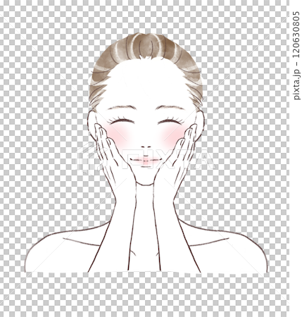 笑顔でピンクの頬に両手を当てている水彩風女性イラスト 120630805