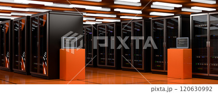 Server room. Server data center. Backup, mining, hosting, mainframe, farm and computer rack with storage information. 3d rendering 120630992