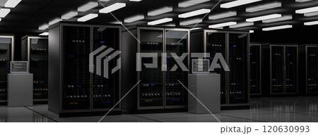 Server room. Server data center. Backup, mining, hosting, mainframe, farm and computer rack with storage information. 3d rendering 120630993