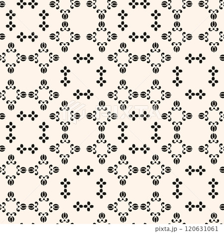 Vector black and white floral seamless pattern. Abstract minimal geometric ornament with flowers in oriental style. Simple monochrome background. Vector black and white floral seamless pattern. Abstract minimal geometric ornament with flowers in oriental style. Simple monochrome background. 120631061
