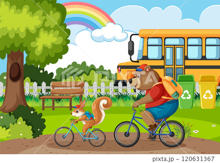 Animals Biking in a Park Scene Animals Biking in a Park Scene 120631367