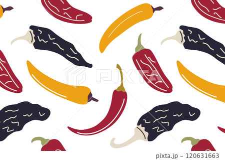 Seamless pattern of various peppers, banana pepper, chili, black dried pepper chipotle, and paprika, on white background. Vector illustration in flat cartoon style, for spices, and culinary designs Seamless pattern of various peppers, banana pepper, chili, black dried pepper chipotle, and paprika, on white background. Vector illustration in flat cartoon style, for spices, and culinary designs 120631663