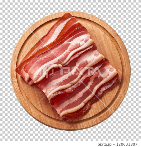 Crisp and Flavorful Bacon Slices on Wooden Plate Crisp and Flavorful Bacon Slices on Wooden Plate 120631807