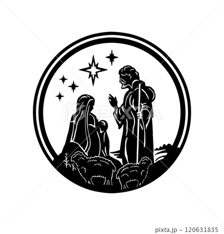 Holy Night silhouette - Nativity scene of baby Jesus silhouette in a manger with Mary and Joseph with the three wise men. Christian Christmas silhouette of animals. Illustration for children. 120631835