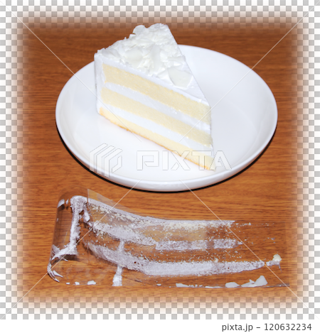The film is peeled off the shortcake, folded, and placed on a wooden table, with white cream still stuck to the inside. The film is peeled off the shortcake, folded, and placed on a wooden table, with white cream still stuck to the inside. 120632234