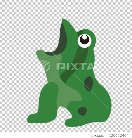 Illustration of a frog looking to the side with its mouth open diagonally upwards 120632464