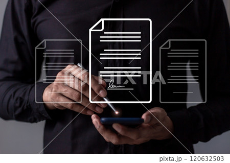 Young man with smartphone mobile hand using a pen touching to sign a Online Business Contract Young man with smartphone mobile hand using a pen touching to sign a Online Business Contract 120632503