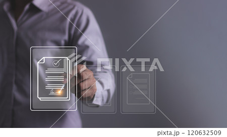 Young man hand using a pen touching to sign a Online Business Contract 120632509