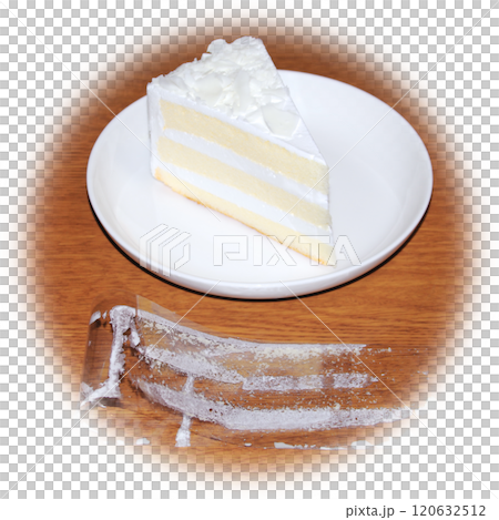 ショートケーキから剥がして折り曲げて木目調の机に置いたフィルムの内側に白いクリームが付着している状態 ショートケーキから剥がして折り曲げて木目調の机に置いたフィルムの内側に白いクリームが付着している状態 120632512