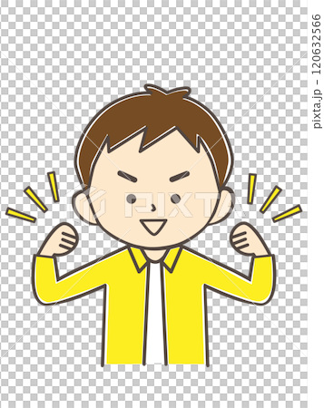 A smiling boy raising his arms and making a fist pump 120632566