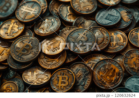 Selective focus of 3D rendering of a golden bitcoin coin on a background. 120632624