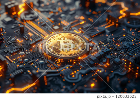 Selective focus of 3D rendering of a golden bitcoin coin on a background. 120632625