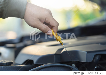 Car owner pulls out the dipstick to check engine oil levels, highlighting the importance of regular oil maintenance for optimal engine performance and vehicle longevity 120633175