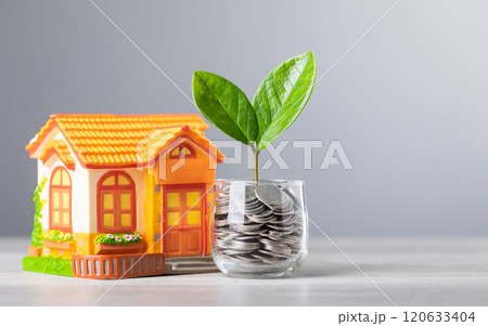Coin jar with a sprouting plant at its center symbolizes growing savings for real estate investment. House model nearby represents the goal of purchasing property through careful financial growth Coin jar with a sprouting plant at its center symbolizes growing savings for real estate investment. House model nearby represents the goal of purchasing property through careful financial growth 120633404