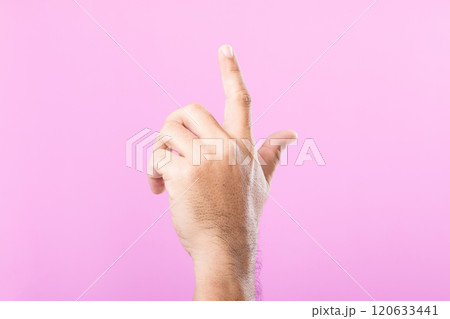 A hand displays various gestures, including a fist, open palm, and raised fingers, against a pink background. A visual exploration of communication through hand symbols A hand displays various gestures, including a fist, open palm, and raised fingers, against a pink background. A visual exploration of communication through hand symbols 120633441