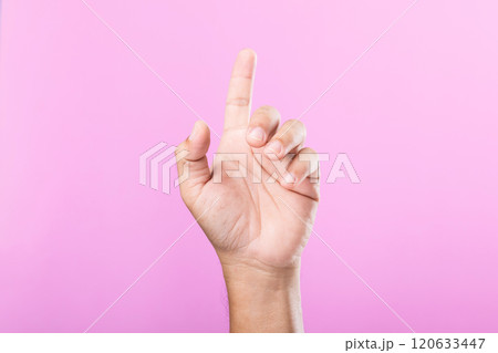 A hand displays various gestures, including a fist, open palm, and raised fingers, against a pink background. A visual exploration of communication through hand symbols 120633447