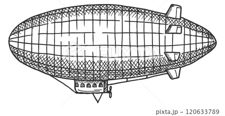 Vintage zeppelin engraving. Dirigible sketch. Retro airship 120633789