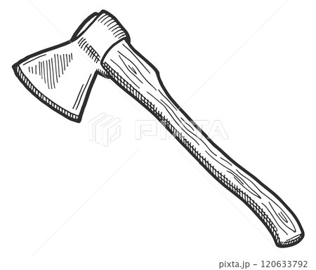Axe engraving. Lumberjack tool. Handyman craft drawing 120633792