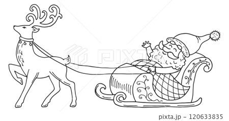 Santa riding on deer sleigh black line drawing Santa riding on deer sleigh black line drawing 120633835