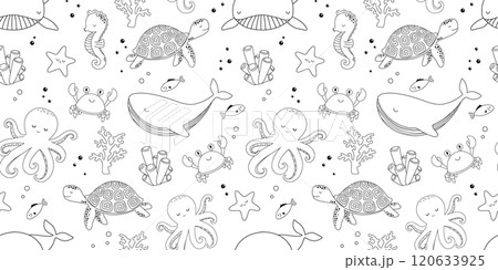 Baby seamless pattern with cute crab, whale and turtle on white background in line style for textiles or fabric for newborns 120633925