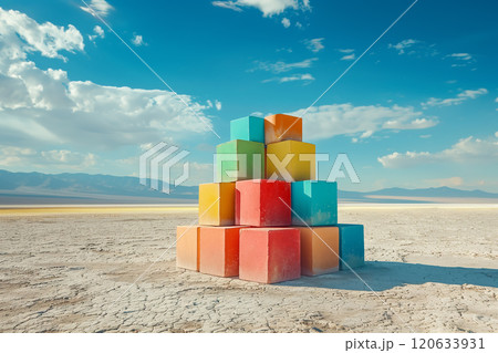 乾燥した土地に置かれたカラフルなブロック　AI生成画像 120633931