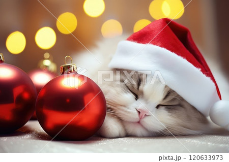 AI generated Close up portrait of red cat in Santa Claus hat sleeping on white blanket. 120633973
