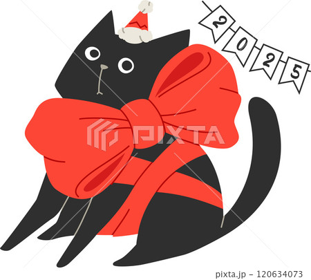 black cat in santa hat and huge red bow knot 120634073