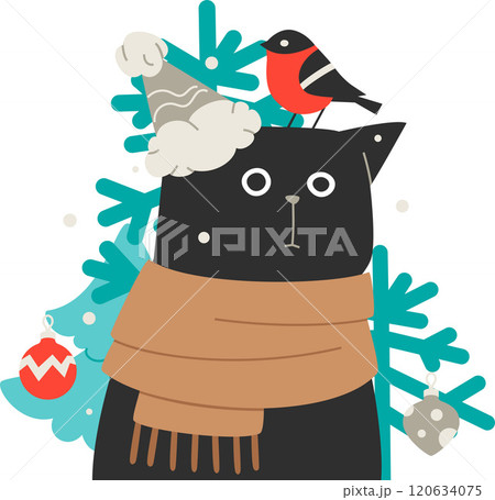 black cat in santa hat with bullfinch on its head 120634075