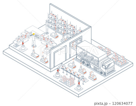 Smart warehouse logistics combines automated robots and systems to efficiently manage inventory flow and operations. Vector illustration EPS 10 120634077