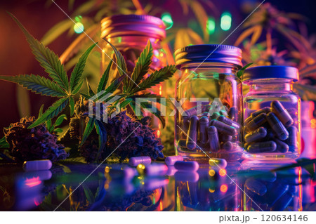 Colorful Cannabis Concept with Capsules and Leaves in Glass Jars 120634146