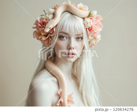 Albino girl with a snake. 120634276
