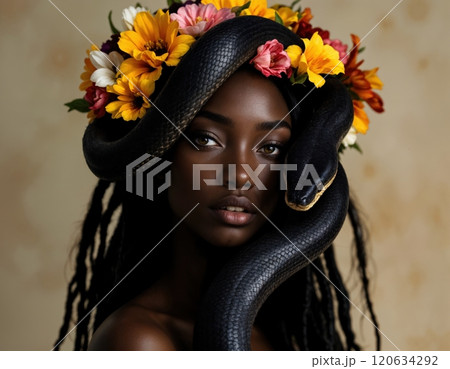 Lady with a black snake. 120634292