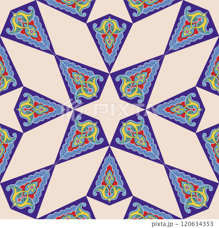 Geometric Seamless Pattern Arabesque. Decorative Asian Folk Seamless Pattern. Ethnic Ornament, Kyrgyz, Kazakhs, Bashkirs, Tatars, Yakut, Mongols Geometric Seamless Pattern Arabesque. Decorative Asian Folk Seamless Pattern. Ethnic Ornament, Kyrgyz, Kazakhs, Bashkirs, Tatars, Yakut, Mongols 120634353